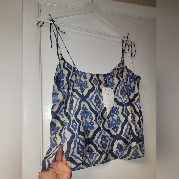 Zara Satin Silky Abstract Print Joggers And Tied Top Set In Cream & Blue Size S - Picture 11 of 16